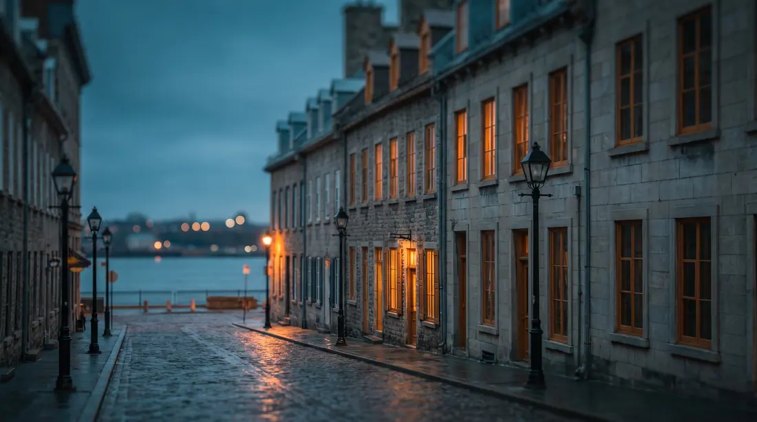 A stone old-town street at dusk with lit windows, lamp posts and the river at its end