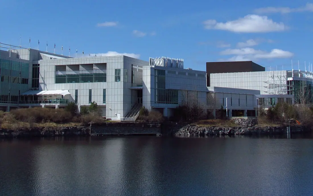 Casino du Lac-Leamy in Gatineau seen across the water of Lac de la Carrière on a clear spring day