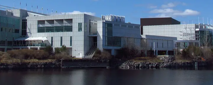 Casino du Lac-Leamy in Gatineau seen across the water of Lac de la Carrière on a clear spring day